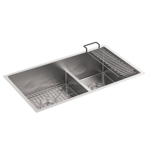 Kohler K-5284-NA Strive 32 in x 18-5/16 in x 9-5/16 in Smart Divide Under Mount Large/Medium Double Bowl Kitchen Sink with Basin Rack - Stainless Steel