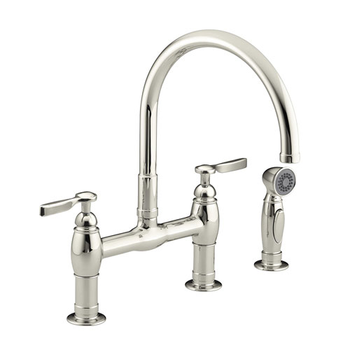 Kohler K-6131-4-SN Parq Deck-Mount Kitchen Bridge Faucet w/Sidespray - Vibrant Polished Nickel