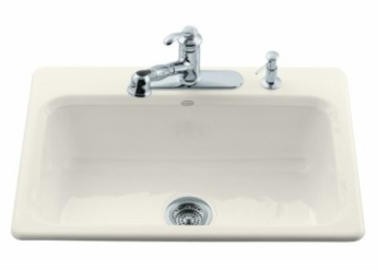 Kohler K-5832-3-96 Bakersfield Single Basin Cast Iron Kitchen Sink - Biscuit