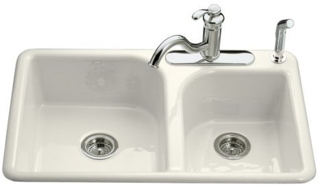 Kohler K-5948-3-96 Efficiency Double Basin Cast Iron Kitchen Sink - Biscuit