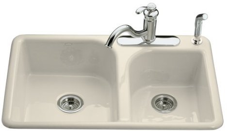 Kohler K-5948-3-47 Efficiency Double Basin Cast Iron Kitchen Sink - Almond