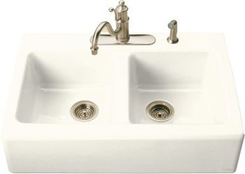 Kohler K-6534-4-96 Hawthorne Double Basin Cast Iron Kitchen Sink - Biscuit